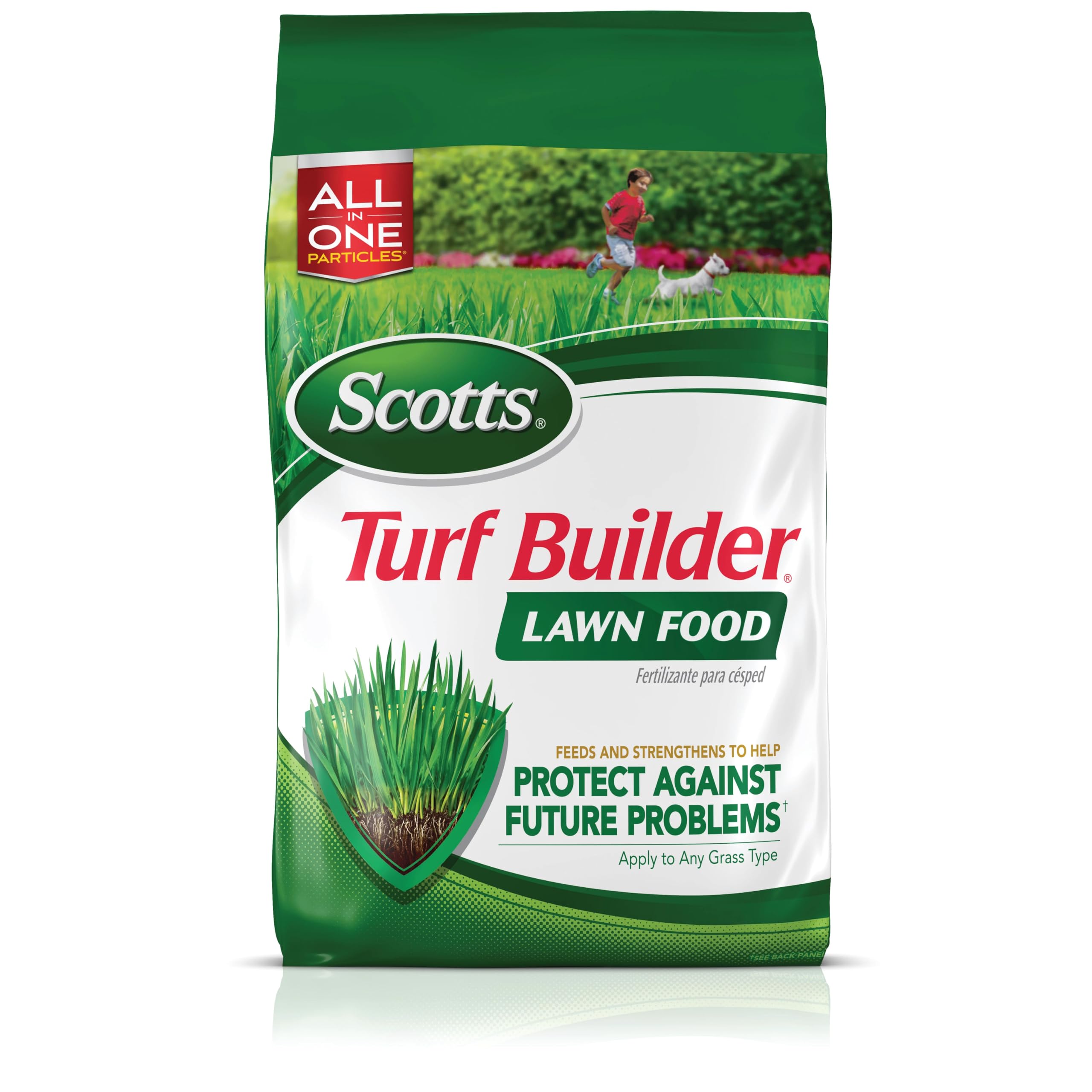 Scotts Turf Builder label close-up—clear instructions for safe use.