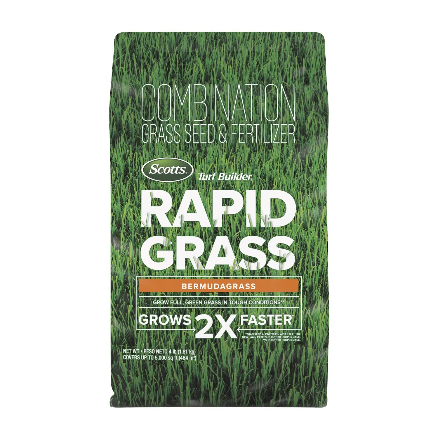 Scotts Turf Builder Rapid Grass bermudagrass bag shows seed and fertilizer for quick establishment.