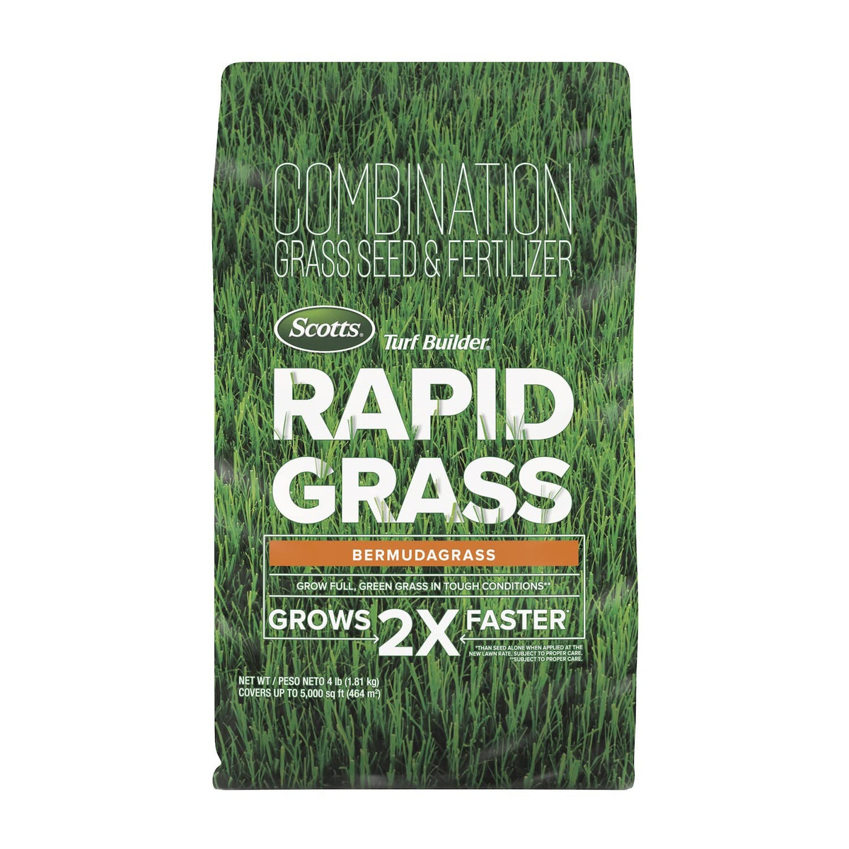 Scotts Turf Builder Rapid Grass bermudagrass bag shows seed and fertilizer for quick establishment.