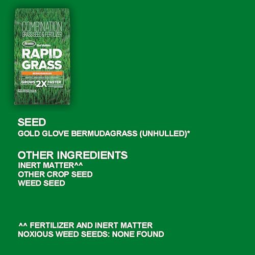 Scotts Turf Builder Rapid Grass seed-mix bag highlights dual action for faster lawn growth.