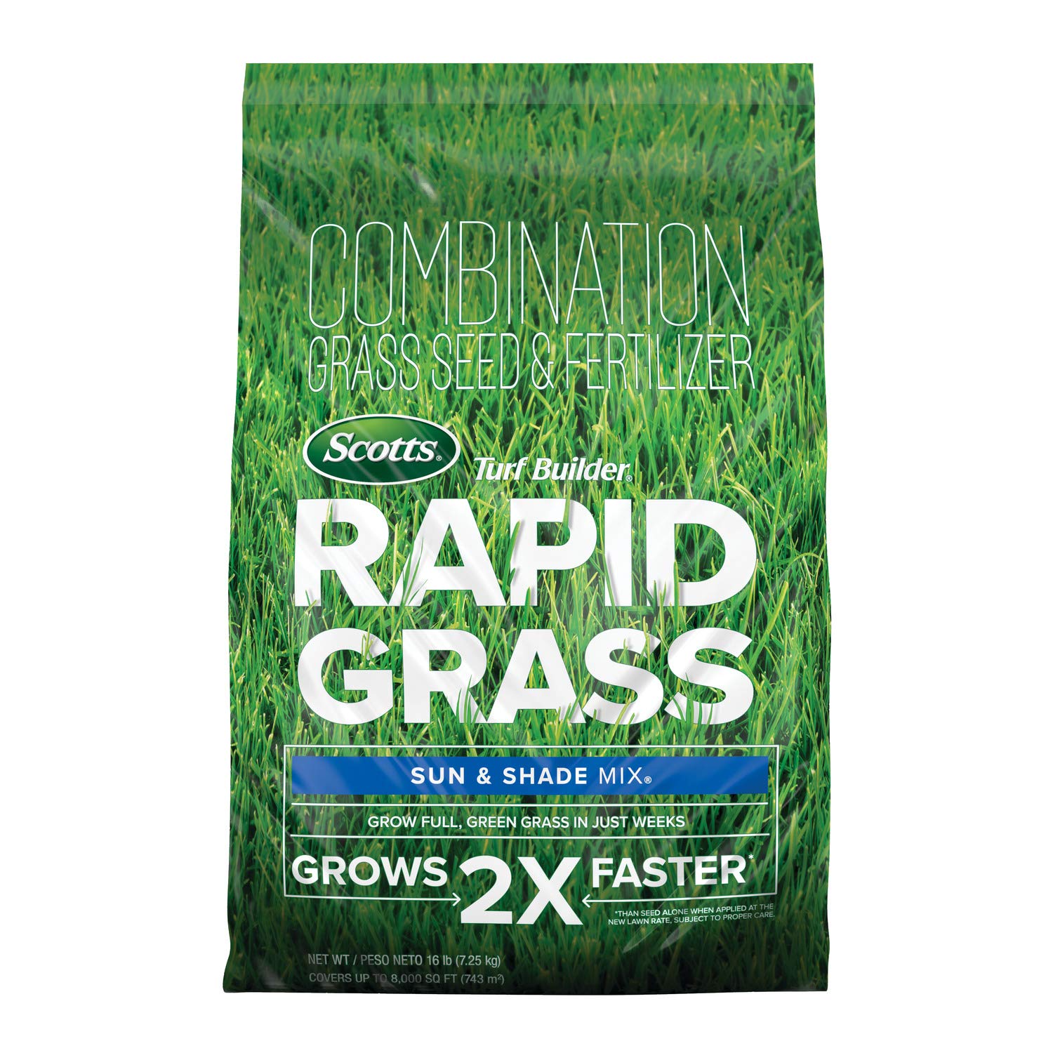 Scotts Turf Builder Rapid Grass Sun & Shade Mix bag label for lawn establishment