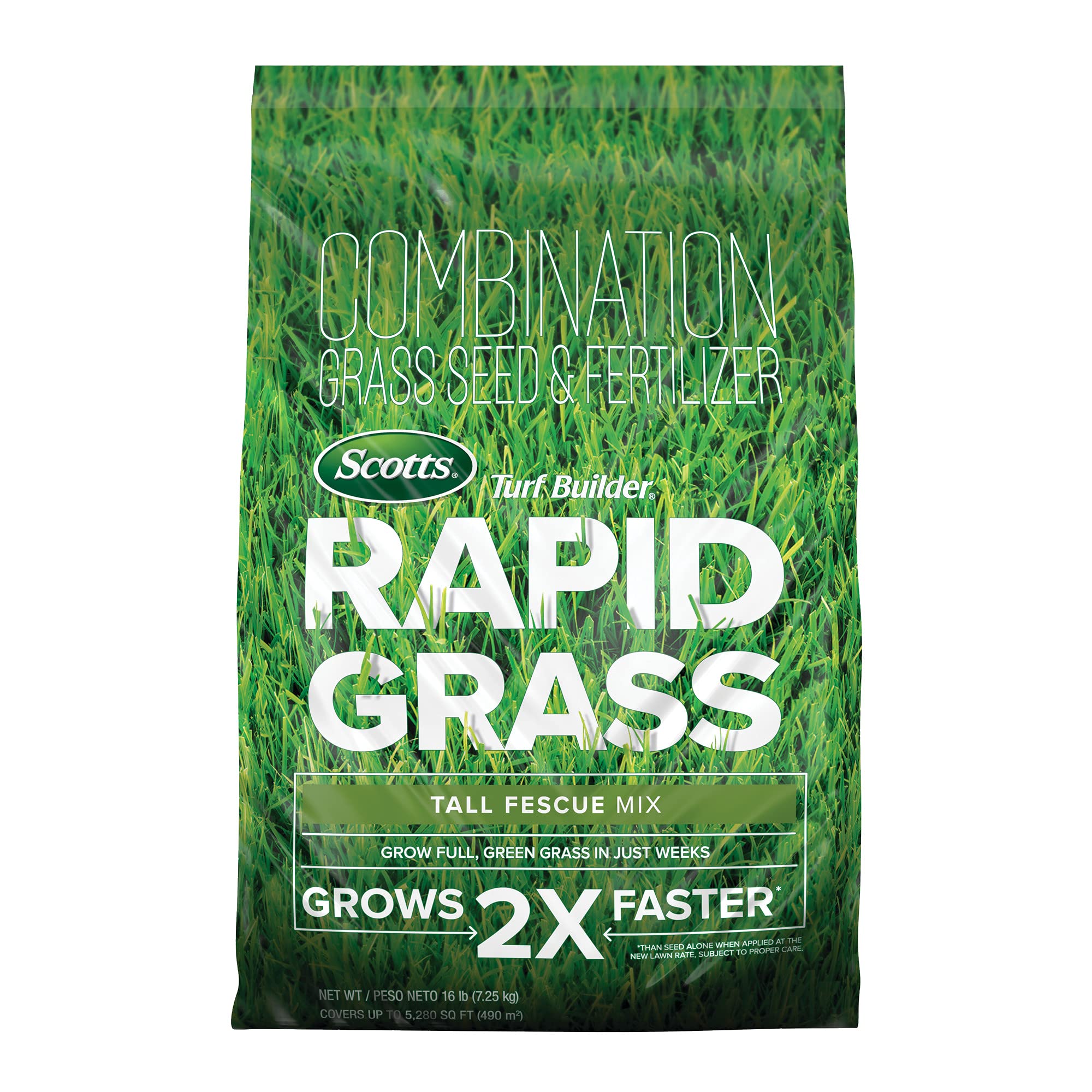 Scotts Turf Builder Rapid Grass Tall Fescue Mix bag front view for quick lawn establishment