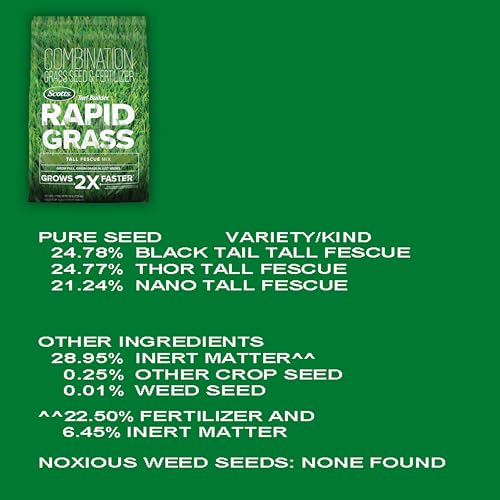 Scotts Turf Builder Rapid Grass Tall Fescue Mix label close-up showing seed and fertilizer.