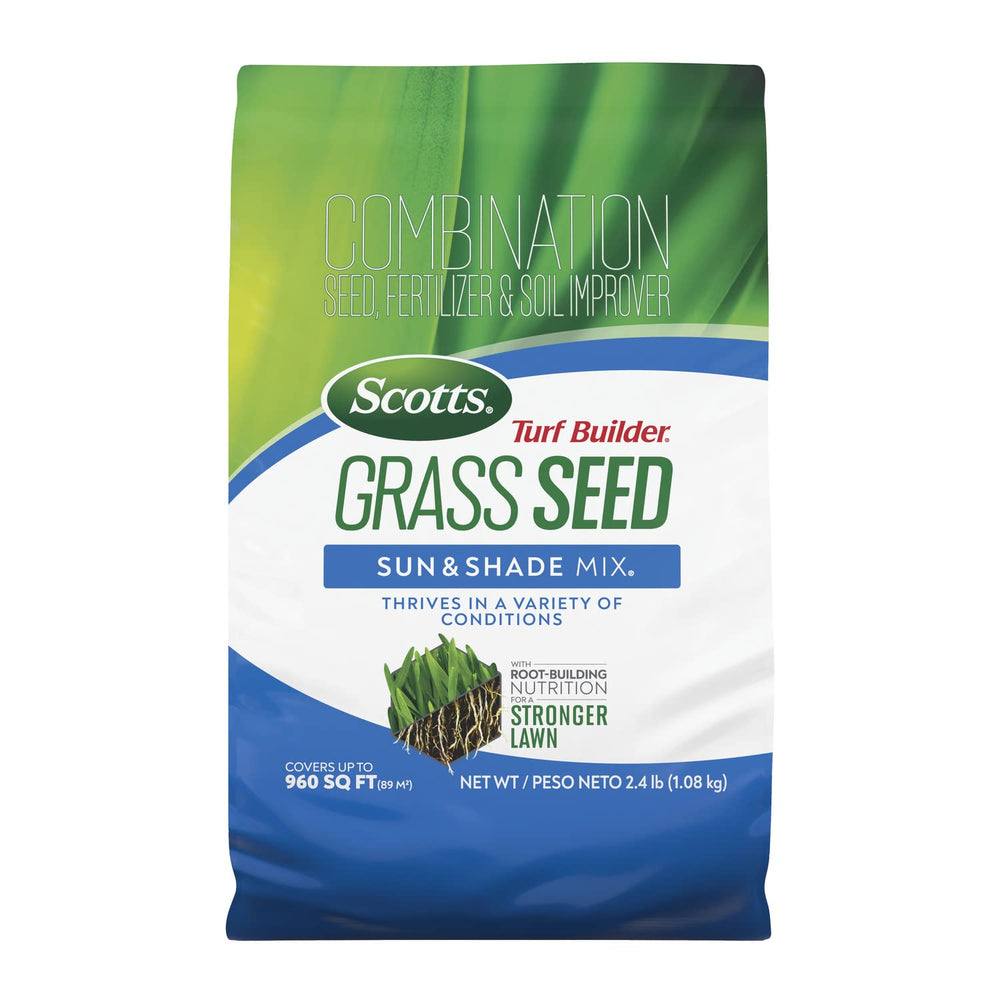 Scotts Turf Builder Sun & Shade Mix bag showing versatile sun/shade use for lawns