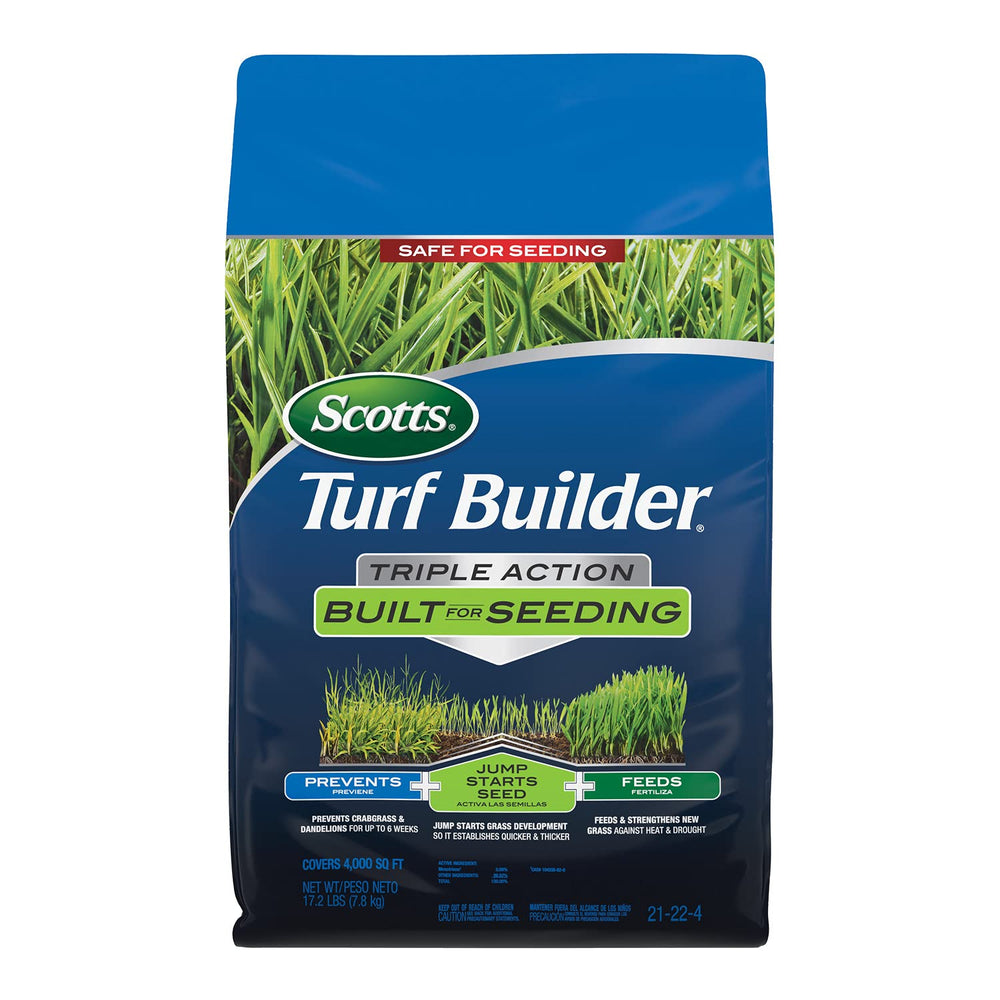 Scotts Turf Builder Triple Action bag on display, ready for seeding and weed prevention.