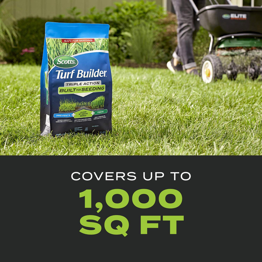 Scotts Turf Builder Triple Action prevents dandelion and crabgrass during seeding.