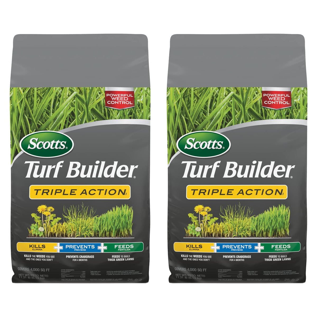 Scotts Turf Builder Triple Action1 2-pack bag ready for weed control and lawn feeding.