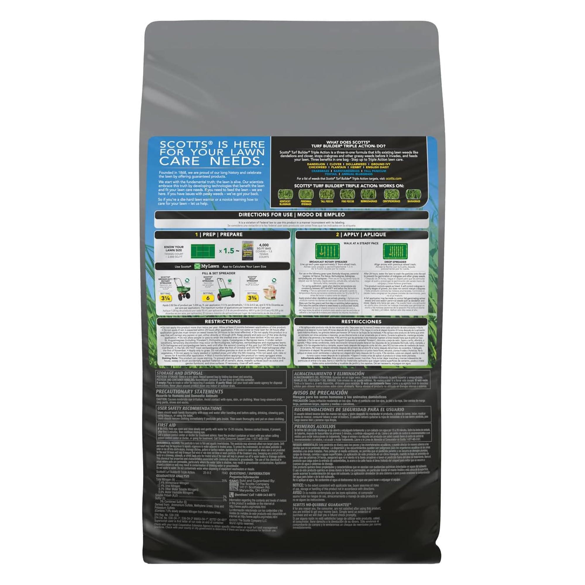Scotts Turf Builder Triple Action1 bag back label shows 3-in-1 formula and directions.