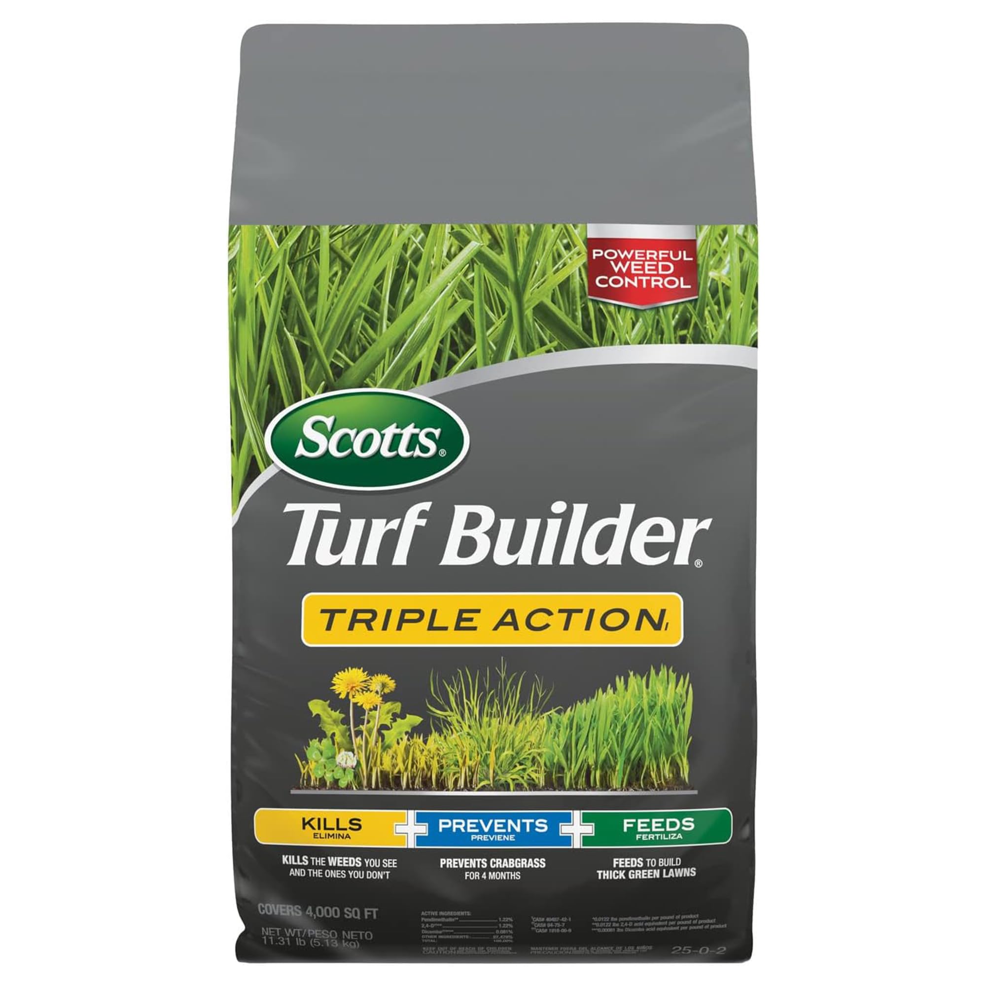 Scotts Turf Builder Triple Action1 bag front ready to treat a 4,000 sq ft lawn.