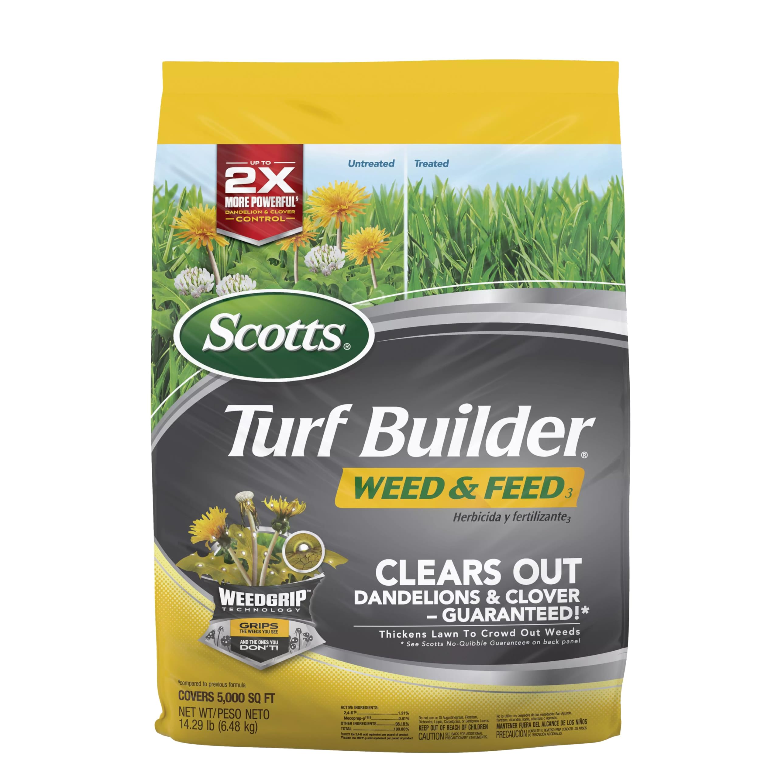 Scotts Turf Builder Weed & Feed3 bag and label showing weed killer and lawn fertilizer