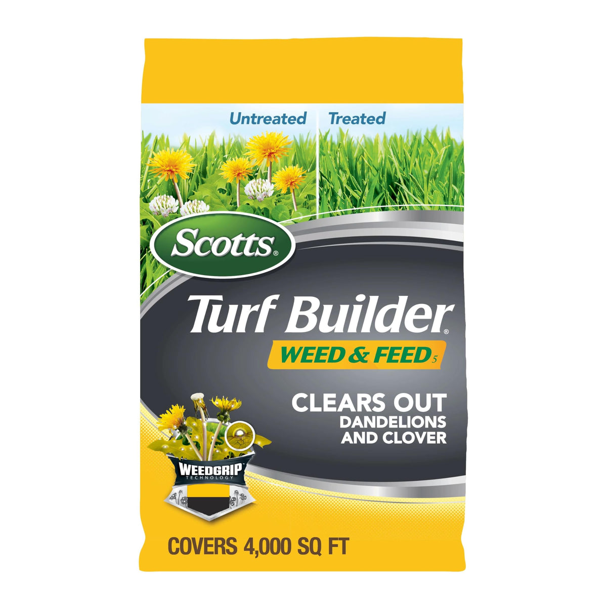 Scotts Turf Builder Weed & Feed5 bottle front showing weed-killing action for lawns