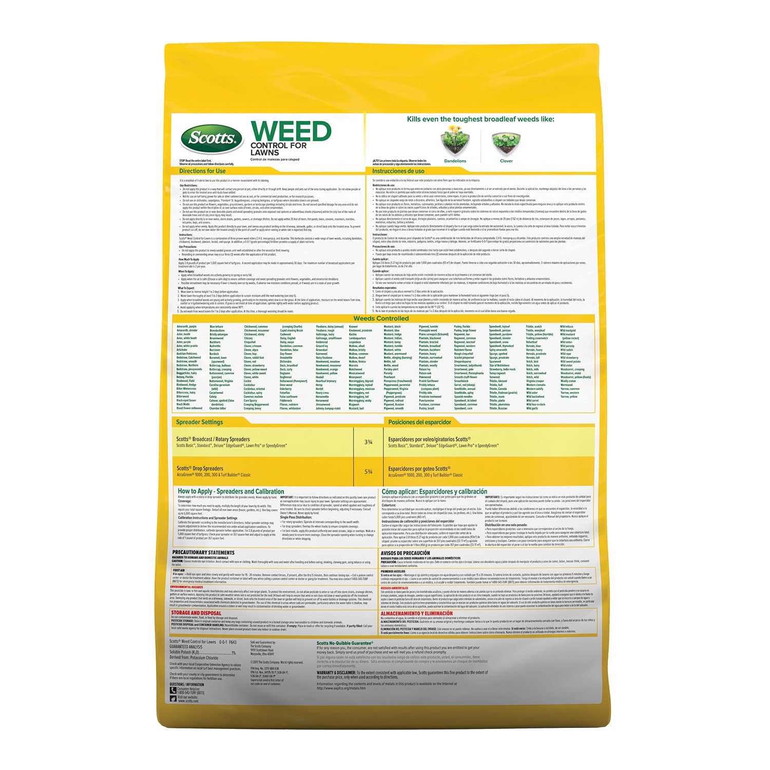 Scotts Weed Control for Lawns targets dandelion and clover in a healthy lawn.