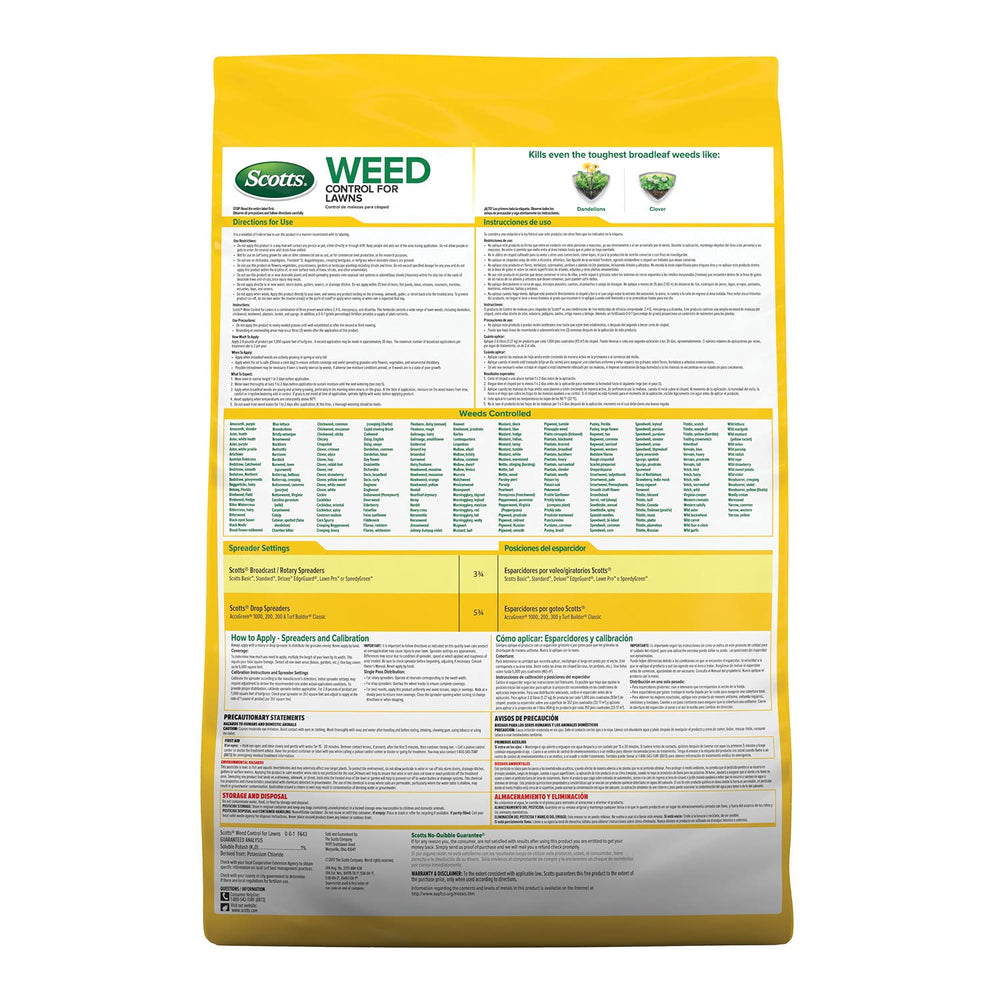 Scotts Weed Control for Lawns targets dandelion and clover in a healthy lawn.