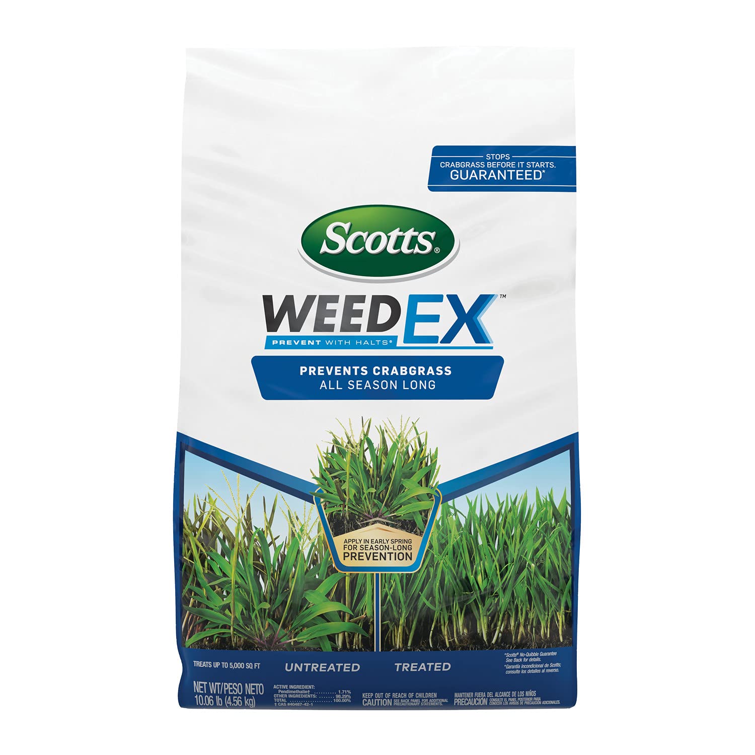 Scotts WeedEx Prevent with Halts bag ready for spring lawn protection against crabgrass.