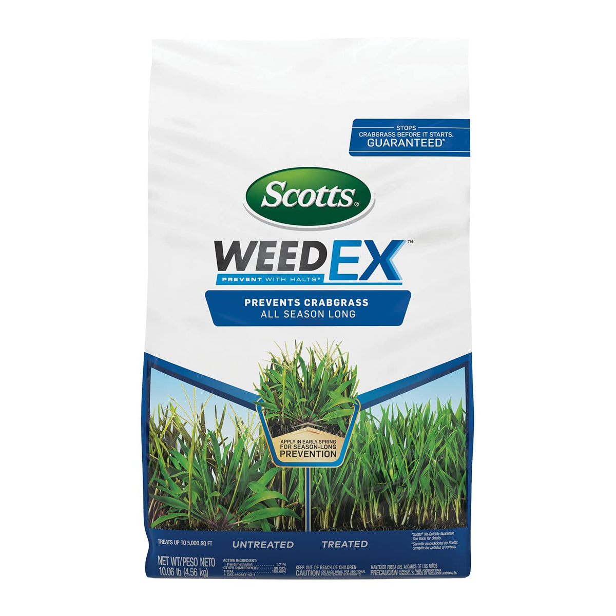 Scotts WeedEx Prevent with Halts bag ready for spring lawn protection against crabgrass.
