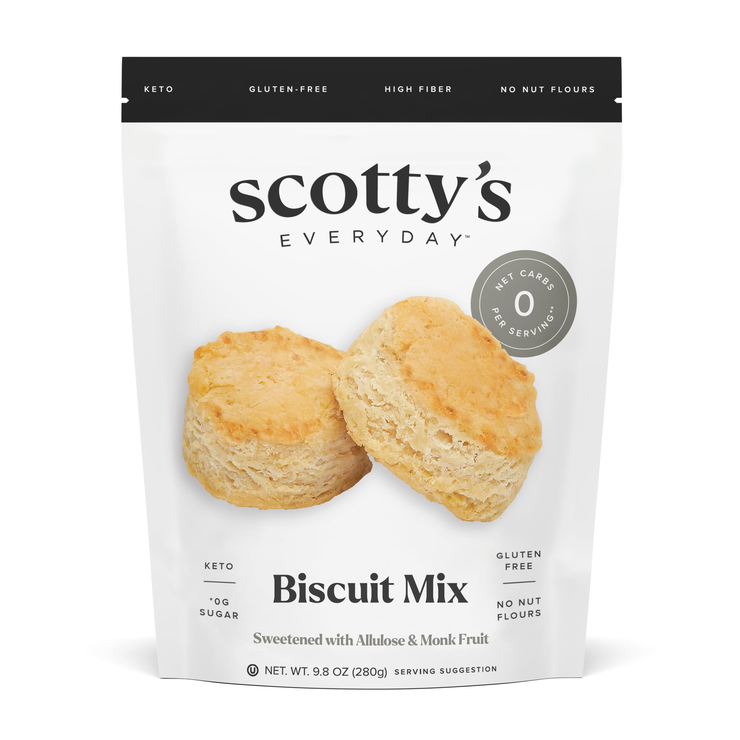 Scotty’s Everyday keto biscuit mix packaging showcases gluten-free, zero net carbs, and non-GMO attributes.