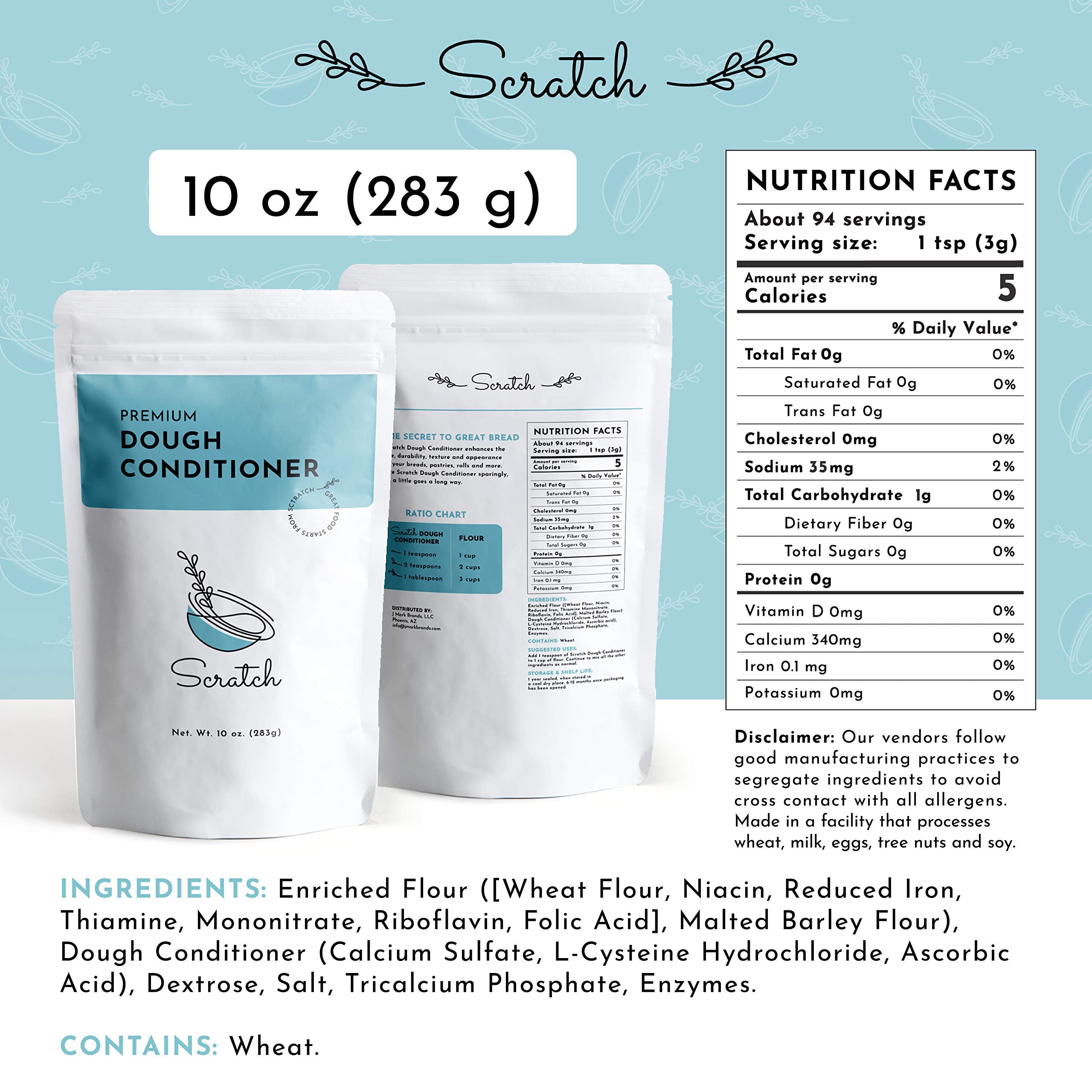 Scratch Premium Dough Conditioner pack shown beside flour for consistent results