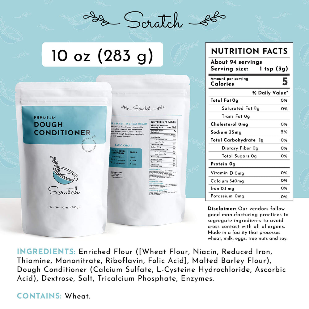 Scratch Premium Dough Conditioner pack shown beside flour for consistent results