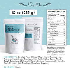 Scratch Premium Dough Conditioner pack shown beside flour for consistent results