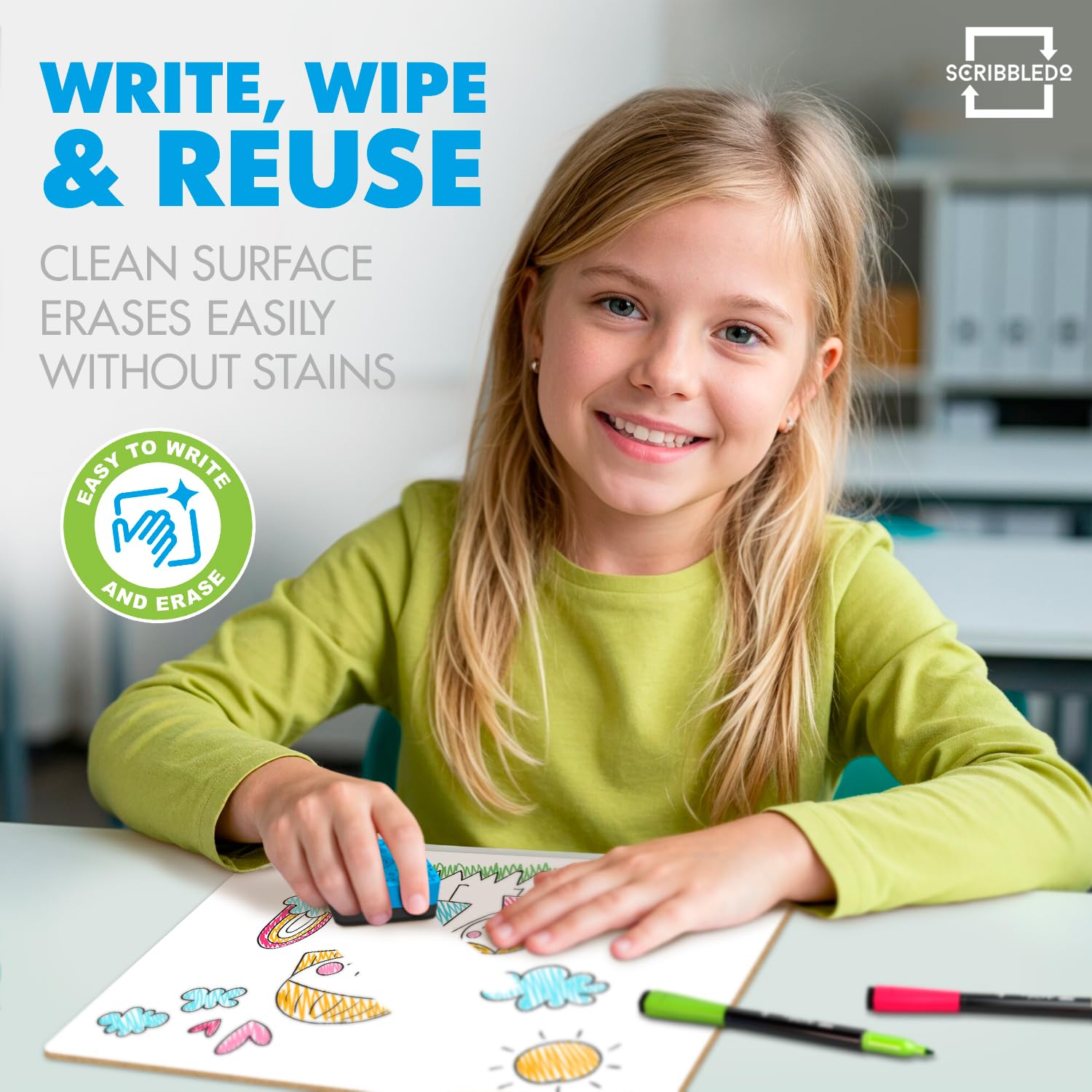 Scribbledo dry erase surface close-up, smooth writing experience