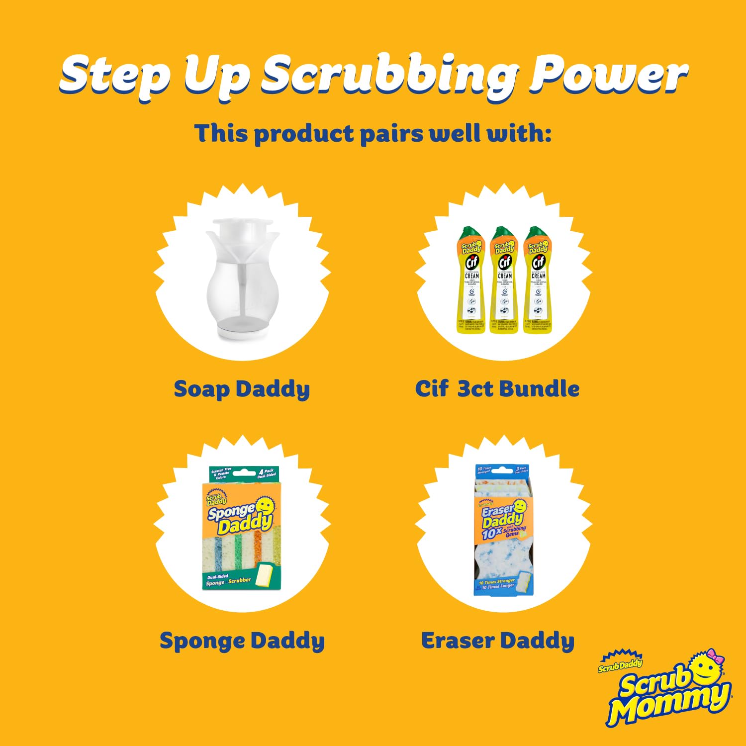 Scrub Daddy product shot showing 3 pastes and 3 sponges in one set.