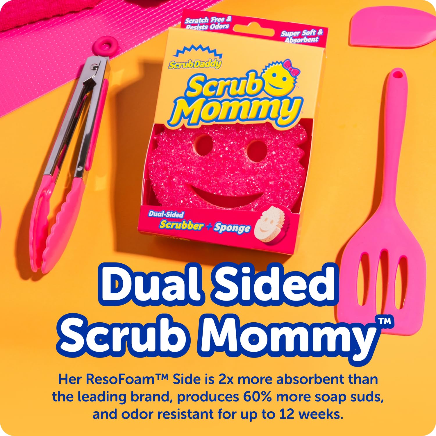 Scrub Mommy temperature-responsive foam for gentle to firm scrubbing.