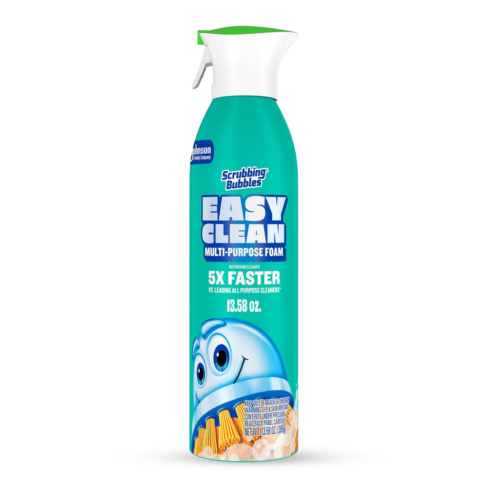 Scrubbing Bubbles Easy Clean foam bottle demonstrates fast bathroom cleaning.