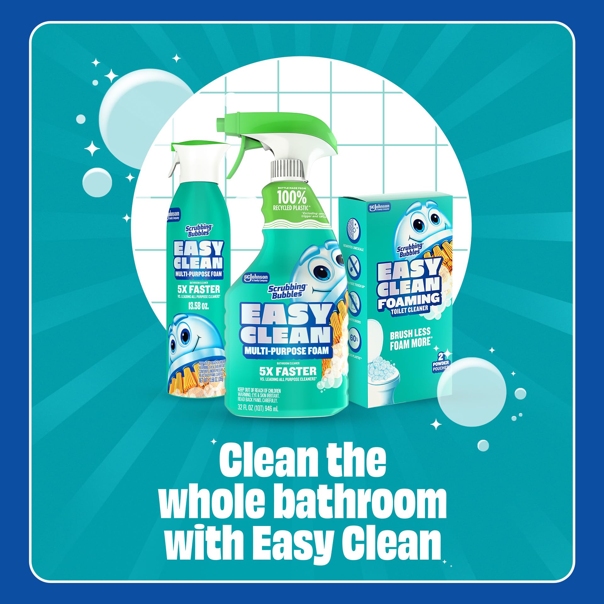 Scrubbing Bubbles Easy Clean foam dissolves grime quickly from bathrooms.