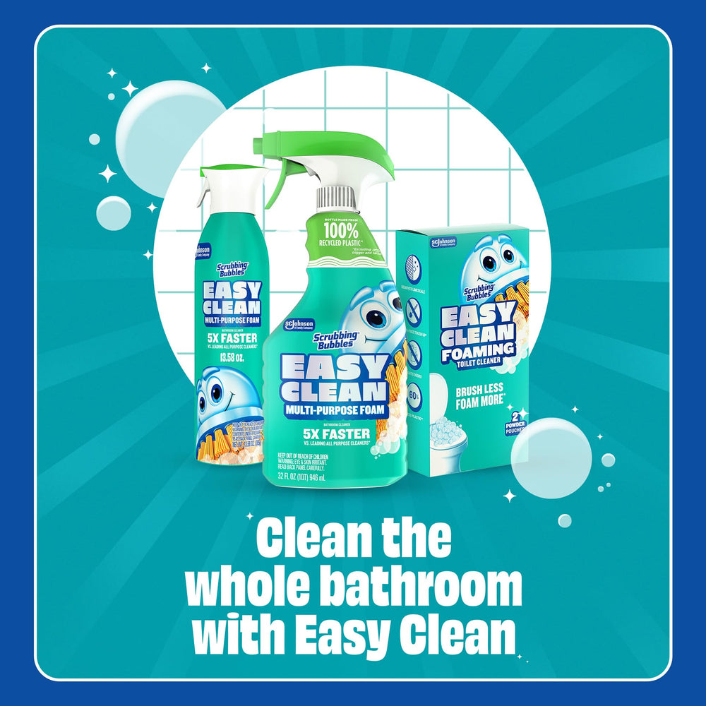 Scrubbing Bubbles Easy Clean foam dissolves grime quickly from bathrooms.