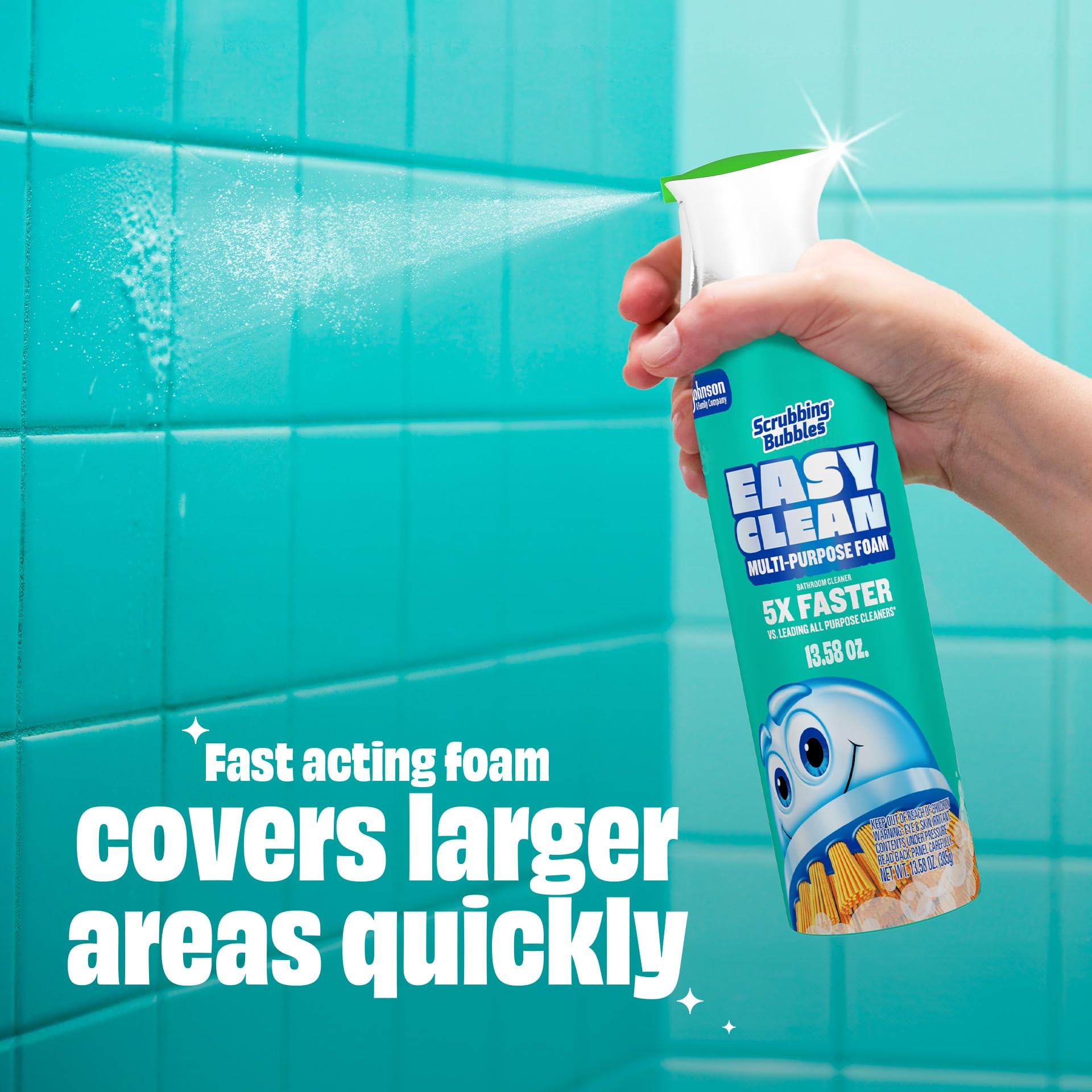 Scrubbing Bubbles Easy Clean foam cleans showers, sinks, and fixtures effectively.