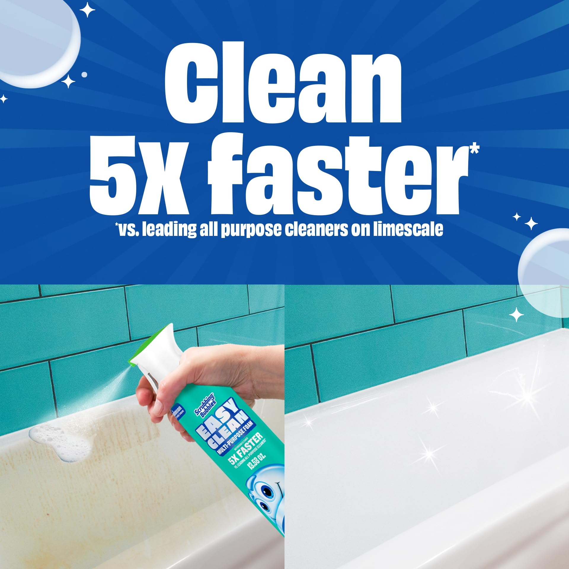 Scrubbing Bubbles Easy Clean foam spray action shows continuous application.