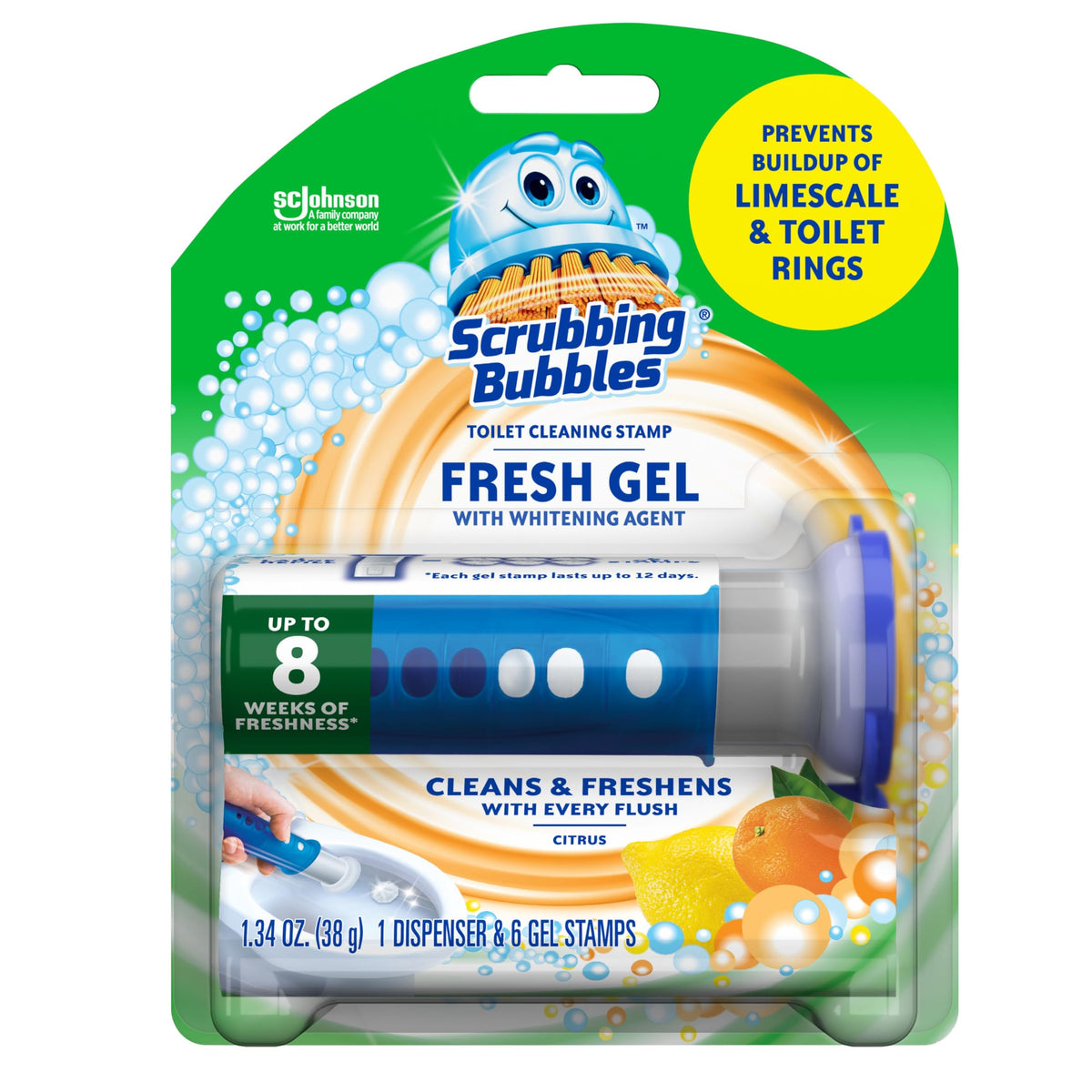 Scrubbing Bubbles fresh gel dispenser for easy, hands-free toilet freshness.