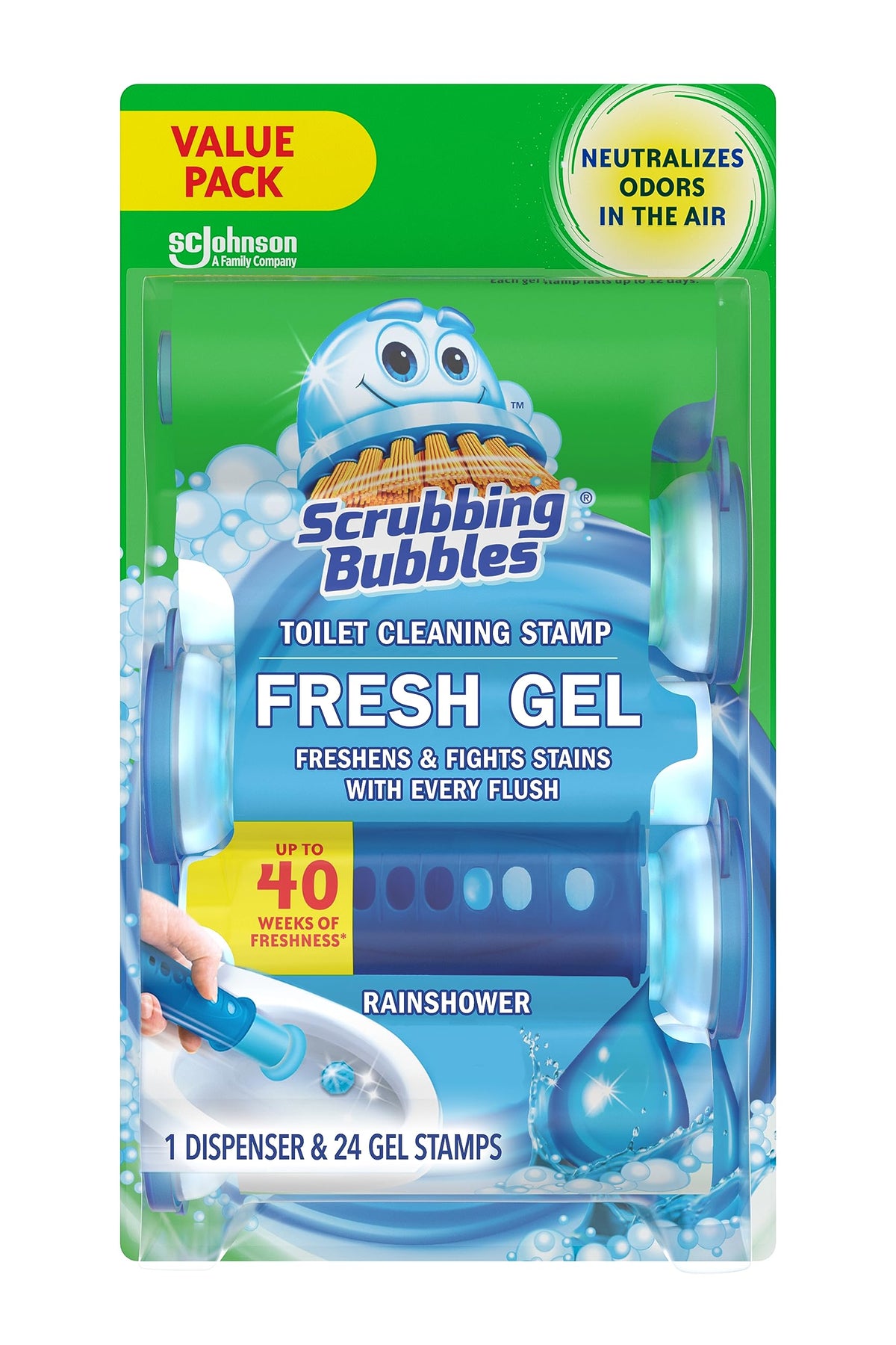 Scrubbing Bubbles Fresh Gel stamps dispenser delivering hands-free toilet freshness with every flush.