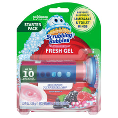 Scrubbing Bubbles Fresh Gel Stamps dispenser for hands-free toilet cleaning.