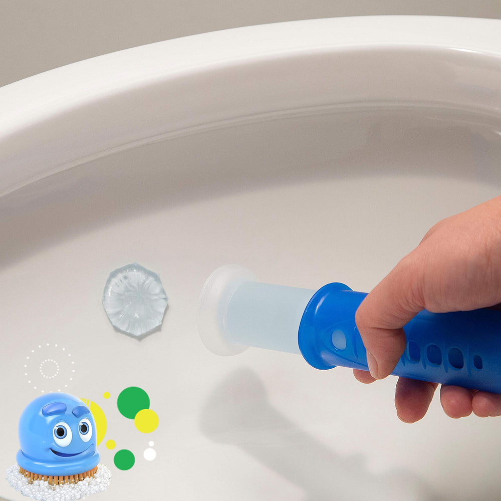 In-use bathroom scene with Scrubbing Bubbles stamp delivering automated freshness.