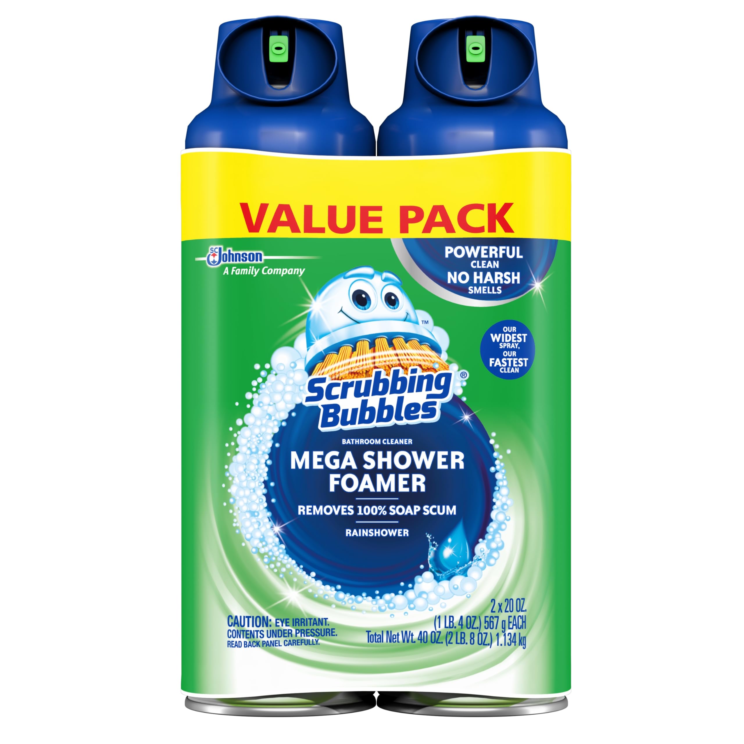 Scrubbing Bubbles Rainshower Mega Foam bottle cleans soap scum from bathroom surfaces.