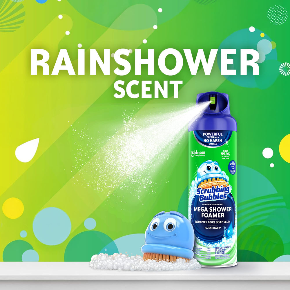 Scrubbing Bubbles Rainshower Mega Foam cleans bathroom surfaces effectively.