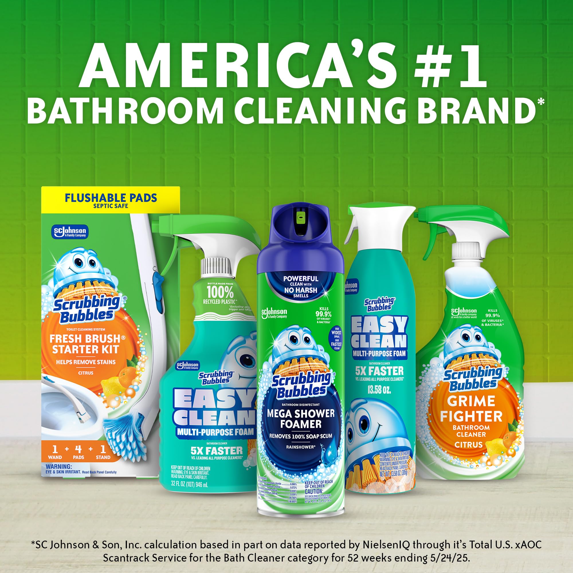 Scrubbing Bubbles Rainshower Mega Foam label close-up with product benefits.