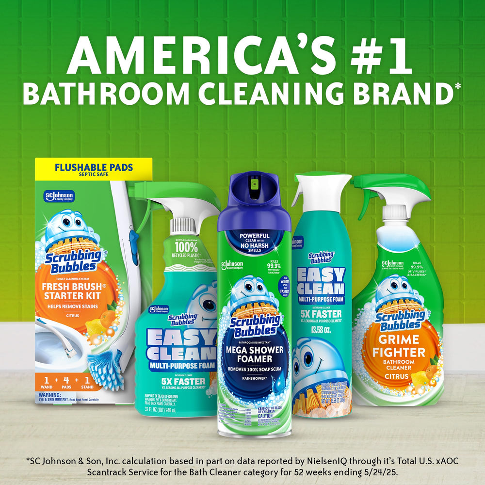 Scrubbing Bubbles Rainshower Mega Foam label close-up with product benefits.