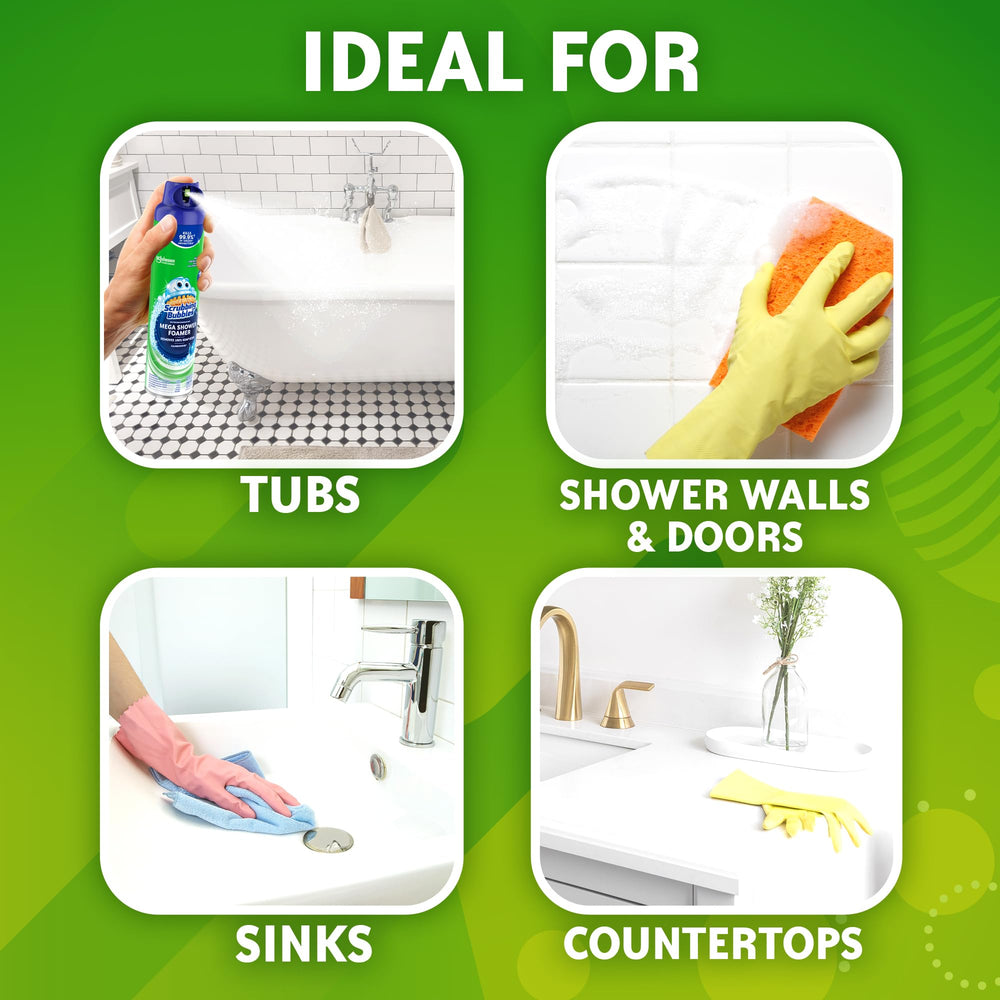 Scrubbing Bubbles Rainshower Mega Foam dries quickly on bathroom surfaces.