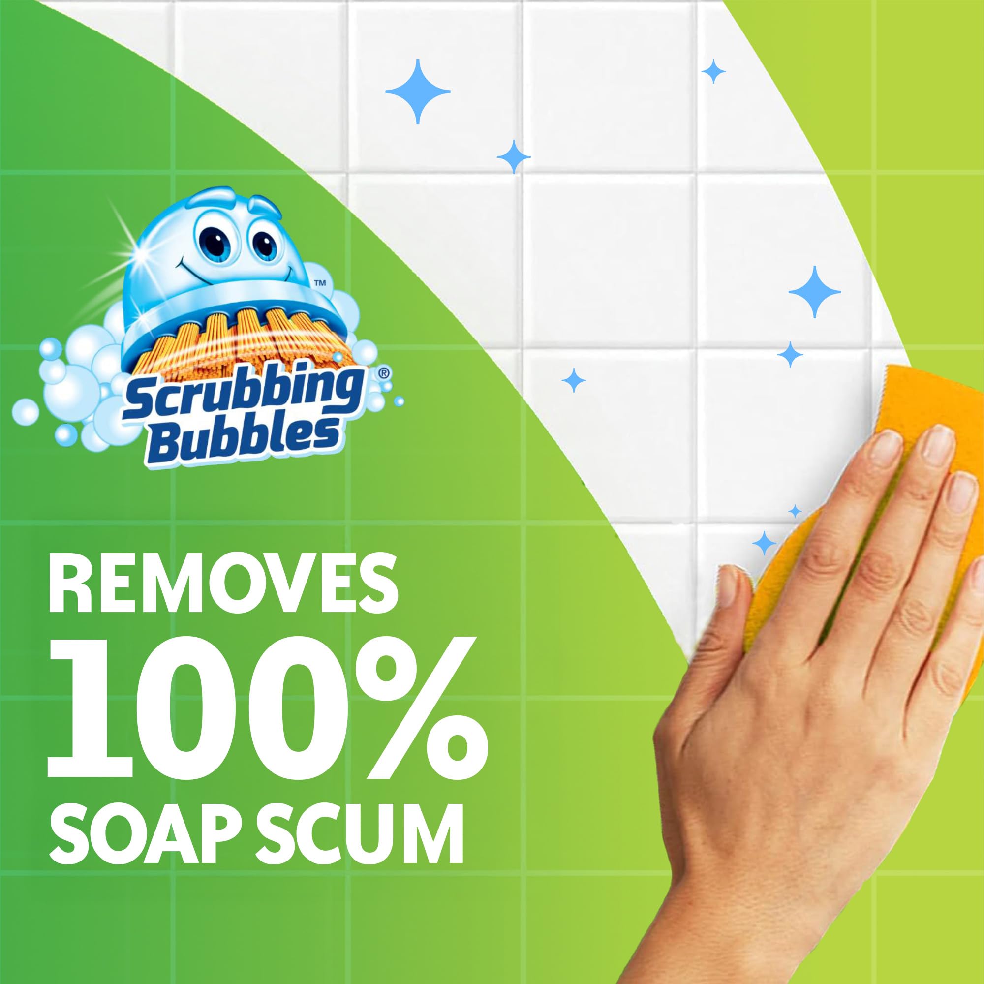 Scrubbing Bubbles Rainshower Mega Foam foam coverage on tile surfaces.