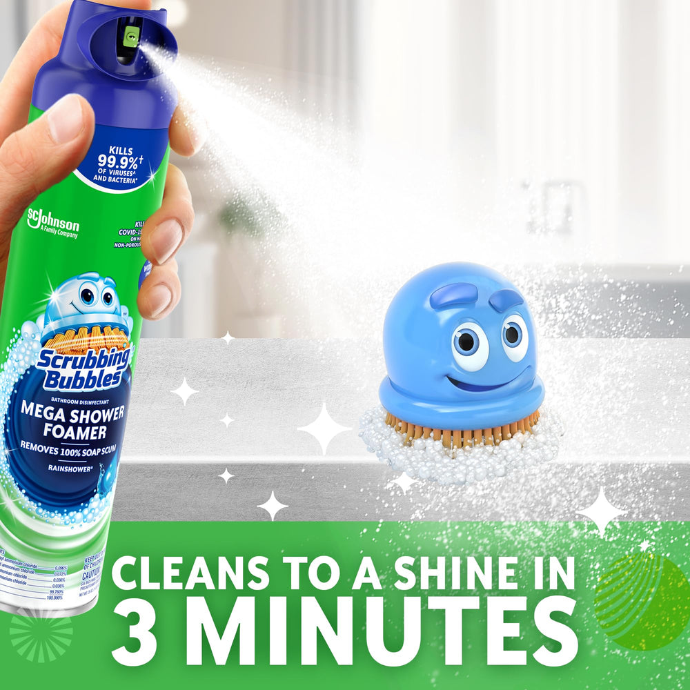 Scrubbing Bubbles Rainshower Mega Foam bottle shows fresh Rainshower scent.