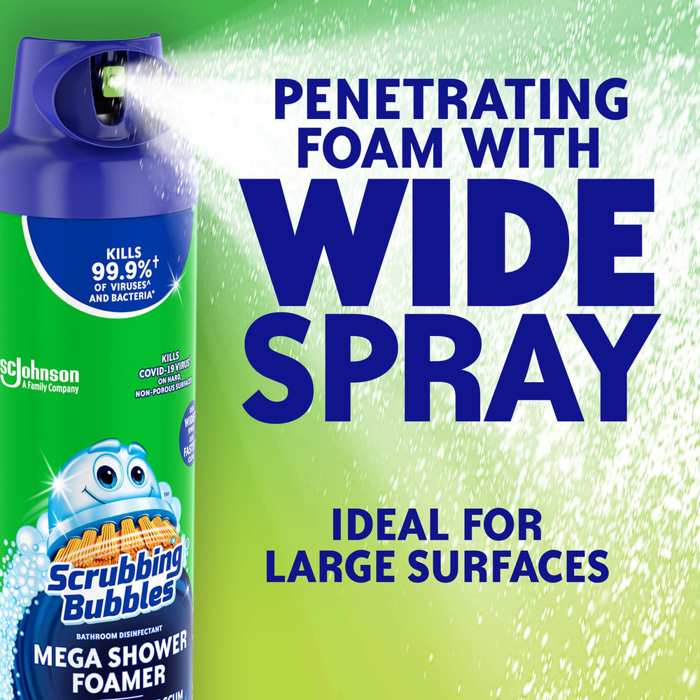 Scrubbing Bubbles Rainshower Mega Foam removes limescale buildup on showers.