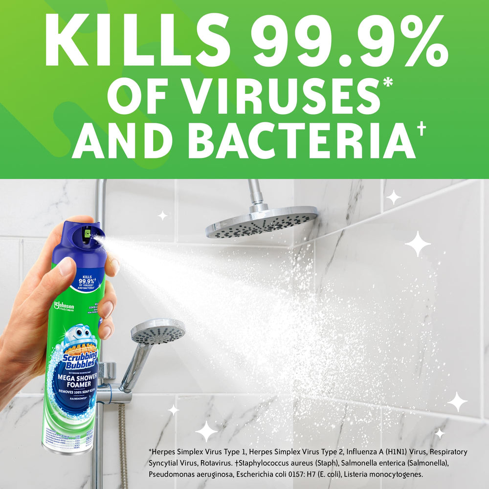 Scrubbing Bubbles Rainshower Mega Foam spray nozzle covering large bathroom areas quickly.