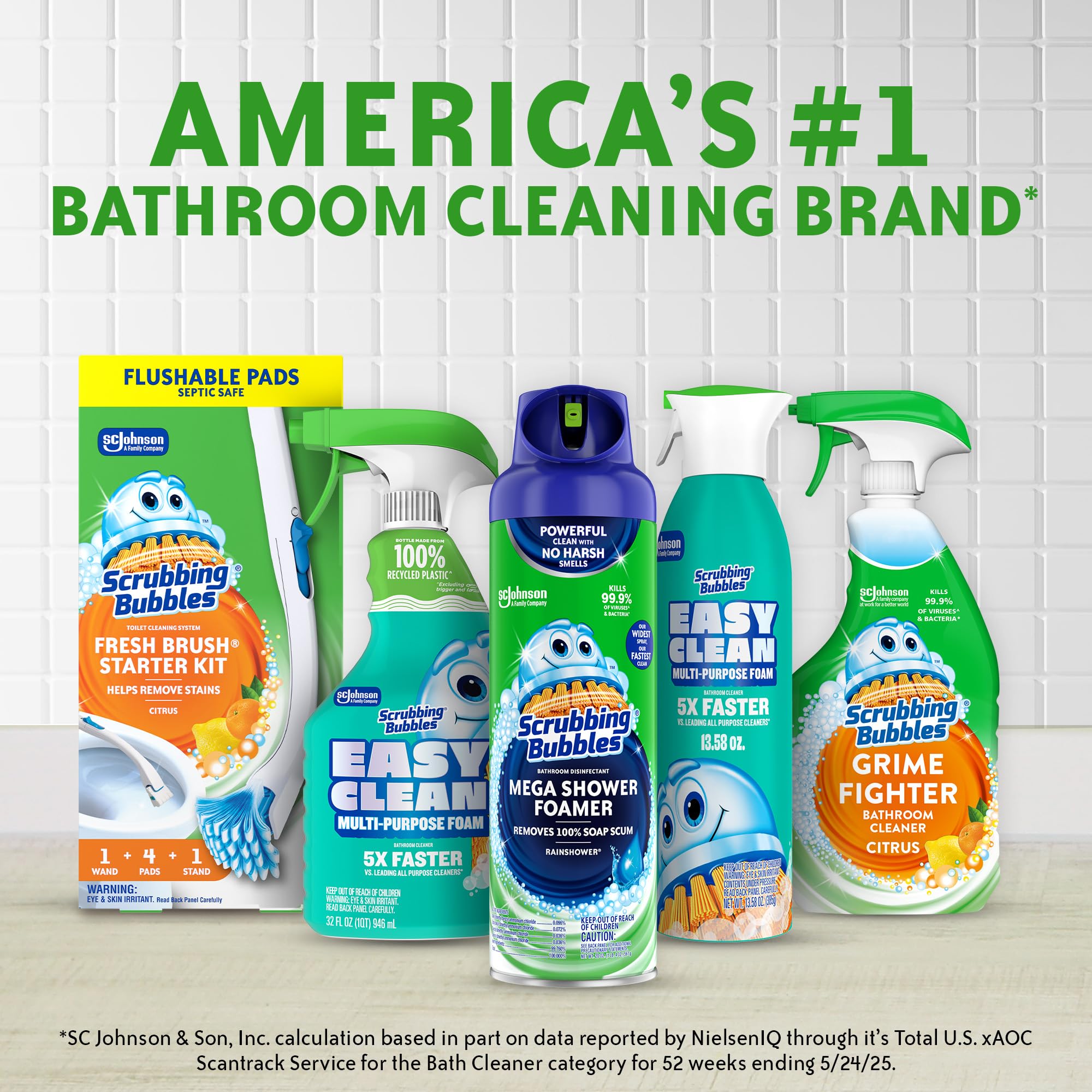 Hard water stain prevention demonstrated by Scrubbing Bubbles stamp action around the rim.