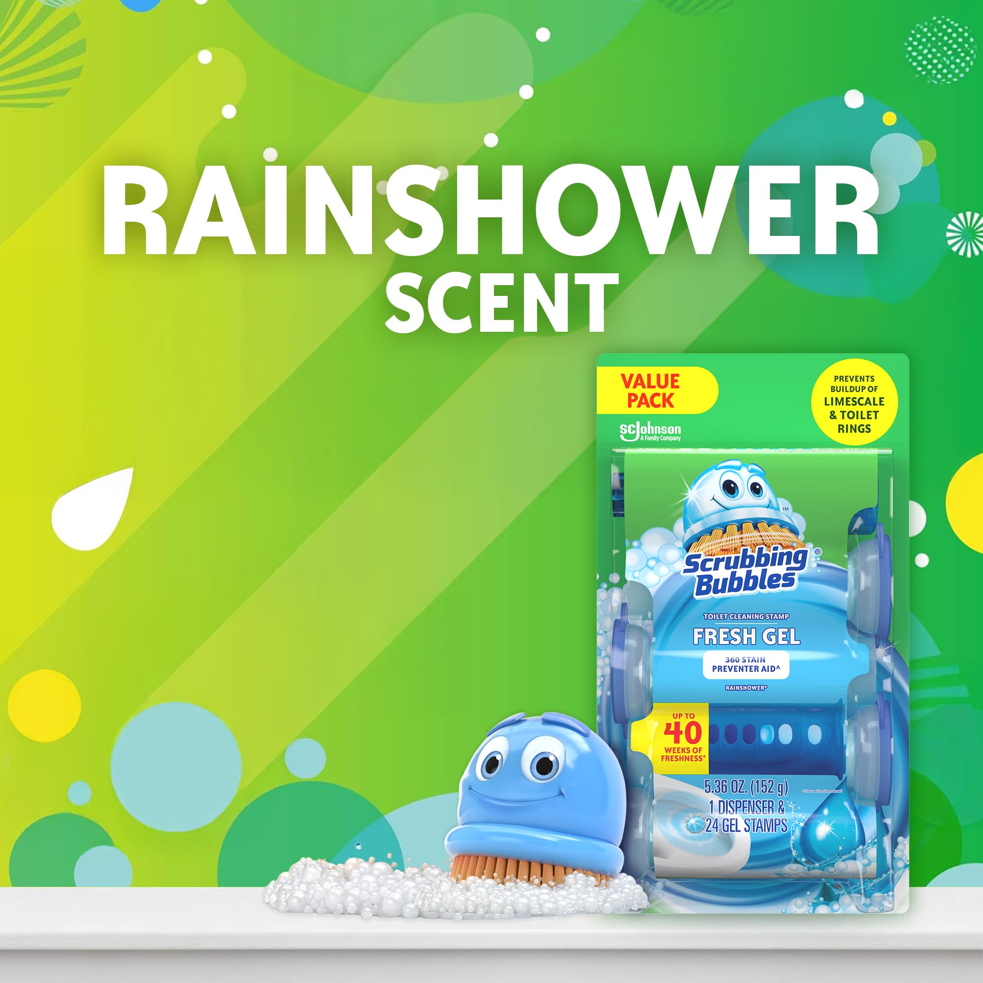 Stamp placement under the rim by Scrubbing Bubbles enables continuous freshness.