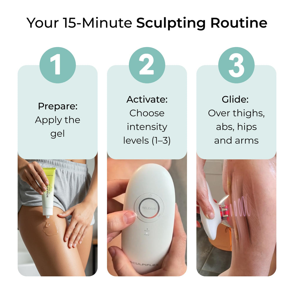 SCULPIFLEX at-home routine setup with device and gel.