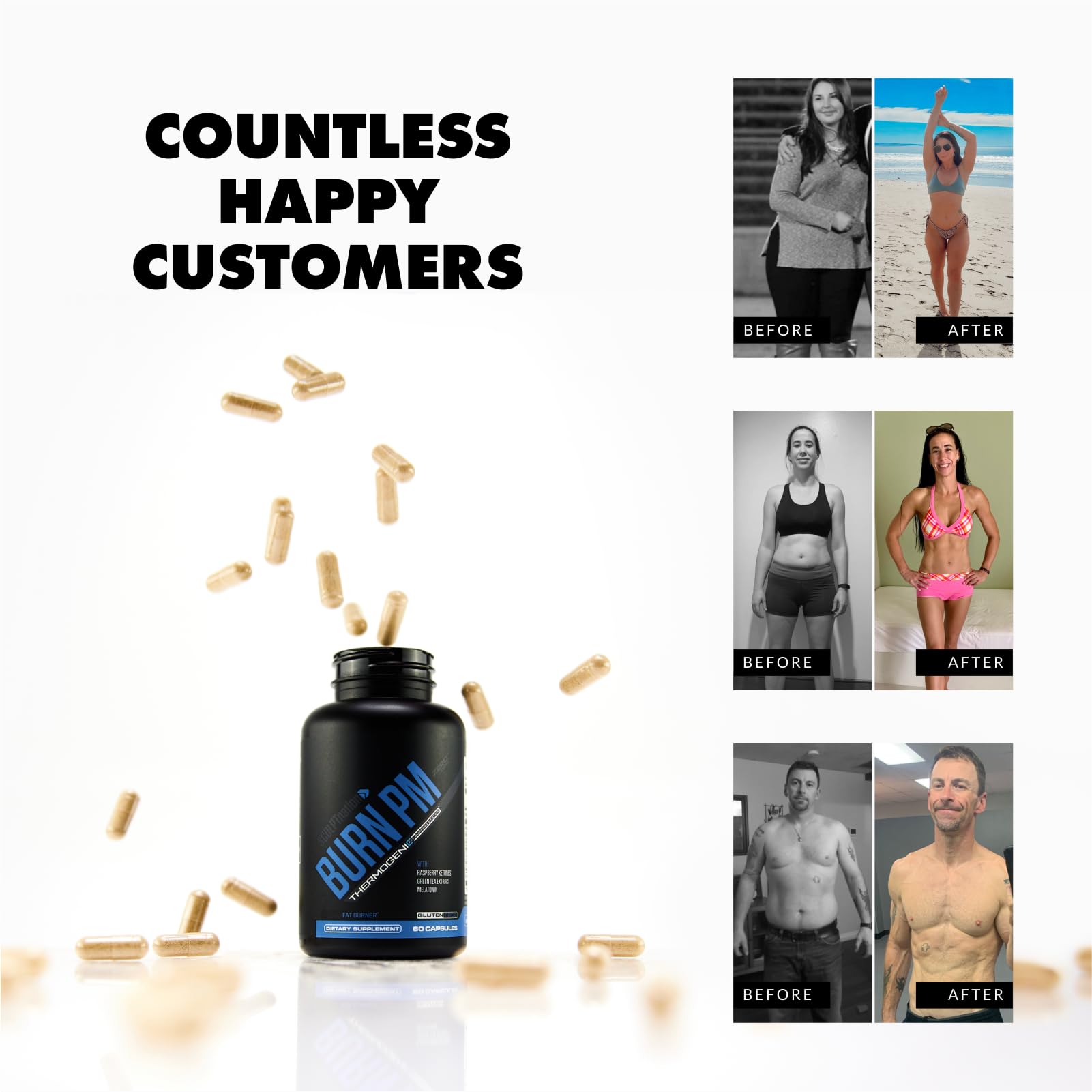 Sculpt Nation Burn PM bottle with gluten-free capsules on a shelf