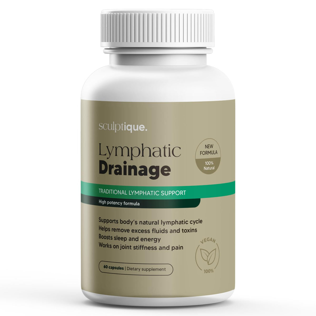 Sculptique Lymphatic Drainage capsules bottle closeup for daily balance