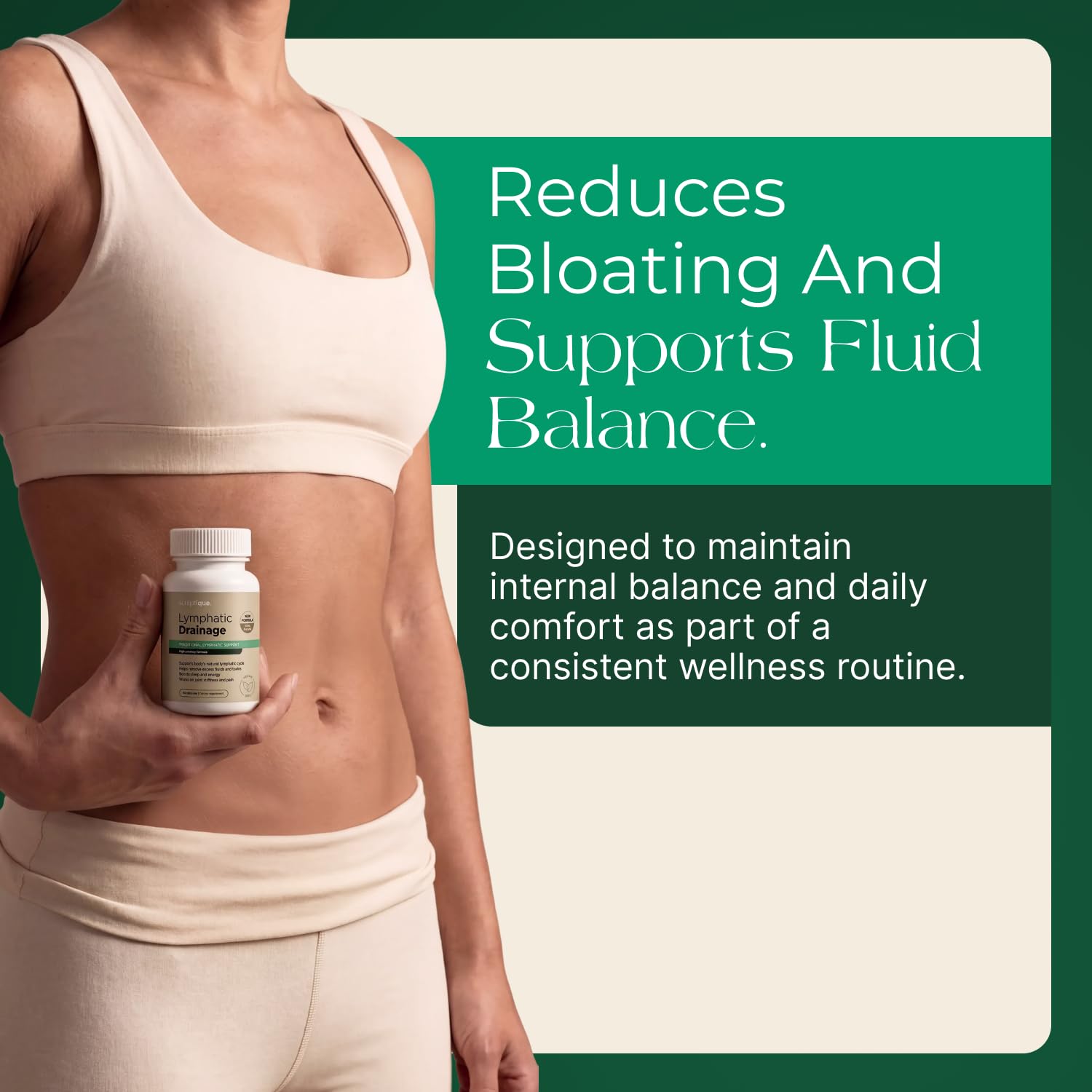 Sculptique bottle beside herbs suggests a plant-based wellness routine